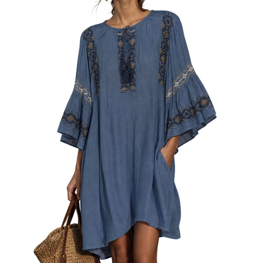 Lucky Brand Blue Embroidered Boho Tunic Bell‎ Sleeve Tassel Top Small